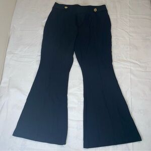 Cato Front Gold Cinch Waist Button Flare High Rise L Black Trousers
